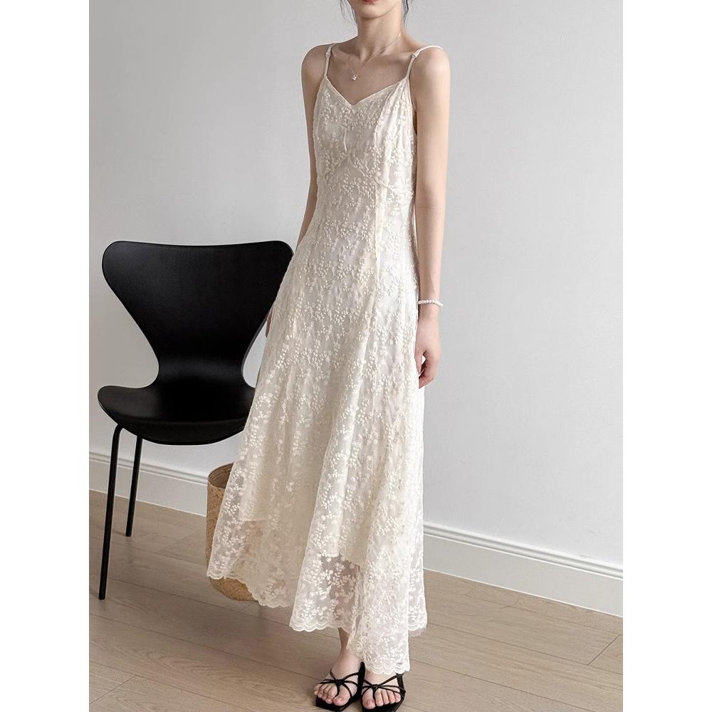 Lace Sling Dress Women Summer Embroidered Sweet Simple Basic Party Elegant Female Sleeveless Long Dress