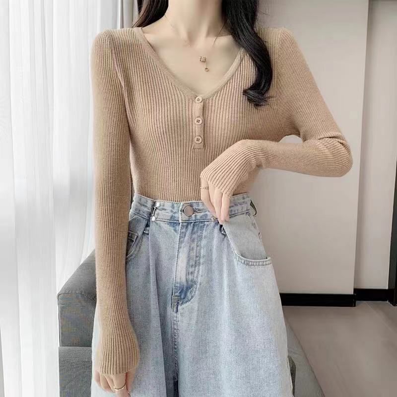 Autumn Winter V-neck Top Slim Fit Short Solid Color Inner Long Sleeve Base Knit Sweater Women's
