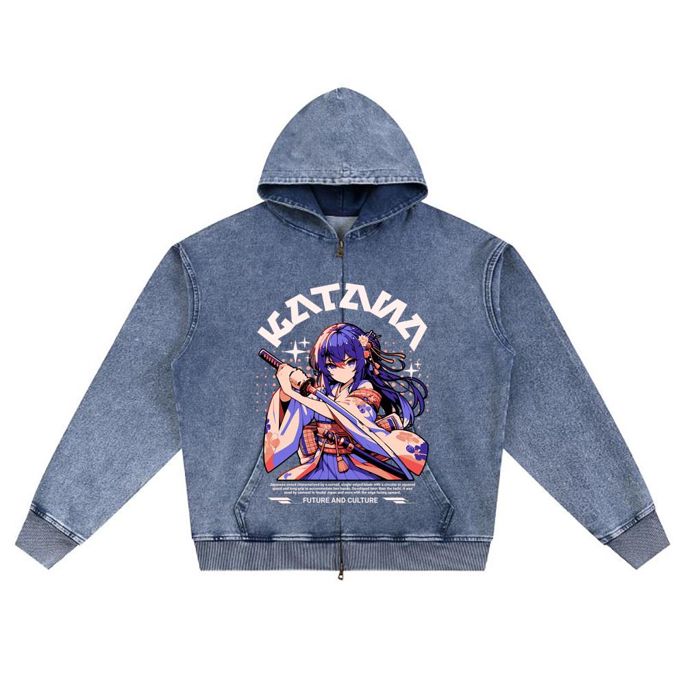 DTG Print Knitted Denim Zip-Up Hoodie Katana Anime Japanese Streetwear Brother Print Zipper Hoodies  