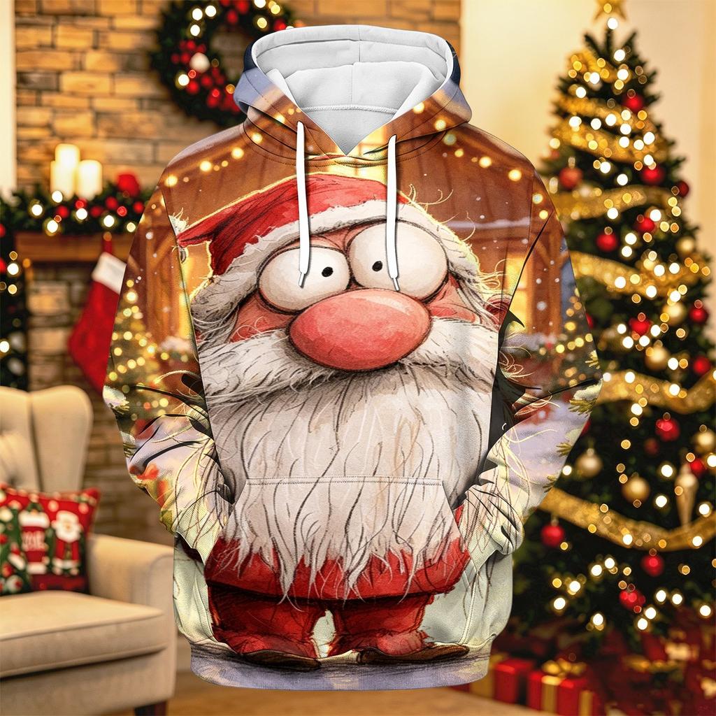 Men's Long Sleeve Hooded Sweatshirt with Christmas Print for Holiday Casual Wear