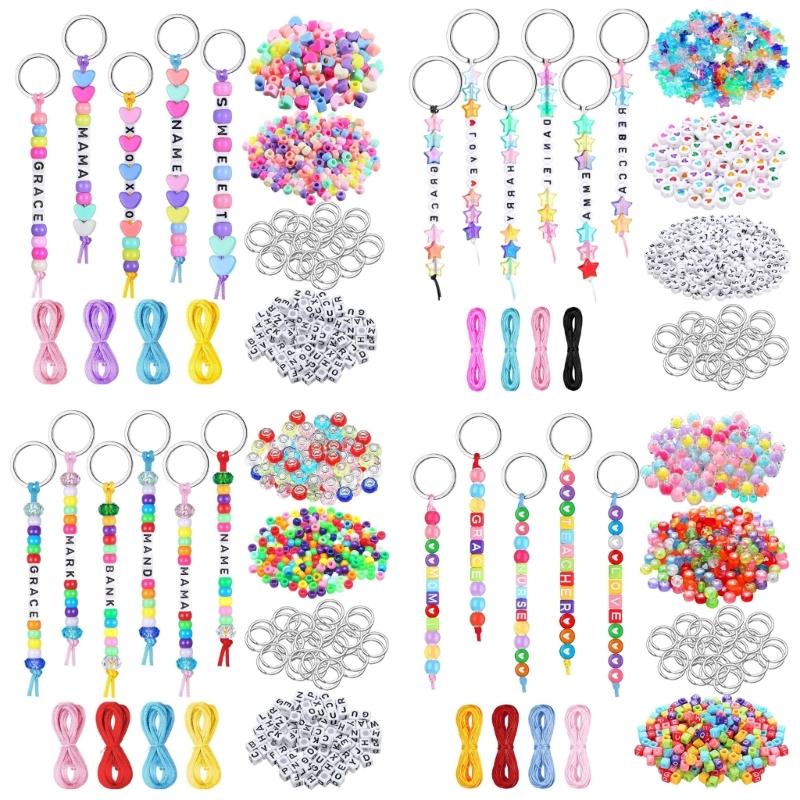 DIY Beaded Keychain Craft Kit, 566-Piece Set with Letter Beads, Cords and Metal Key Rings for Personalized Name Designs