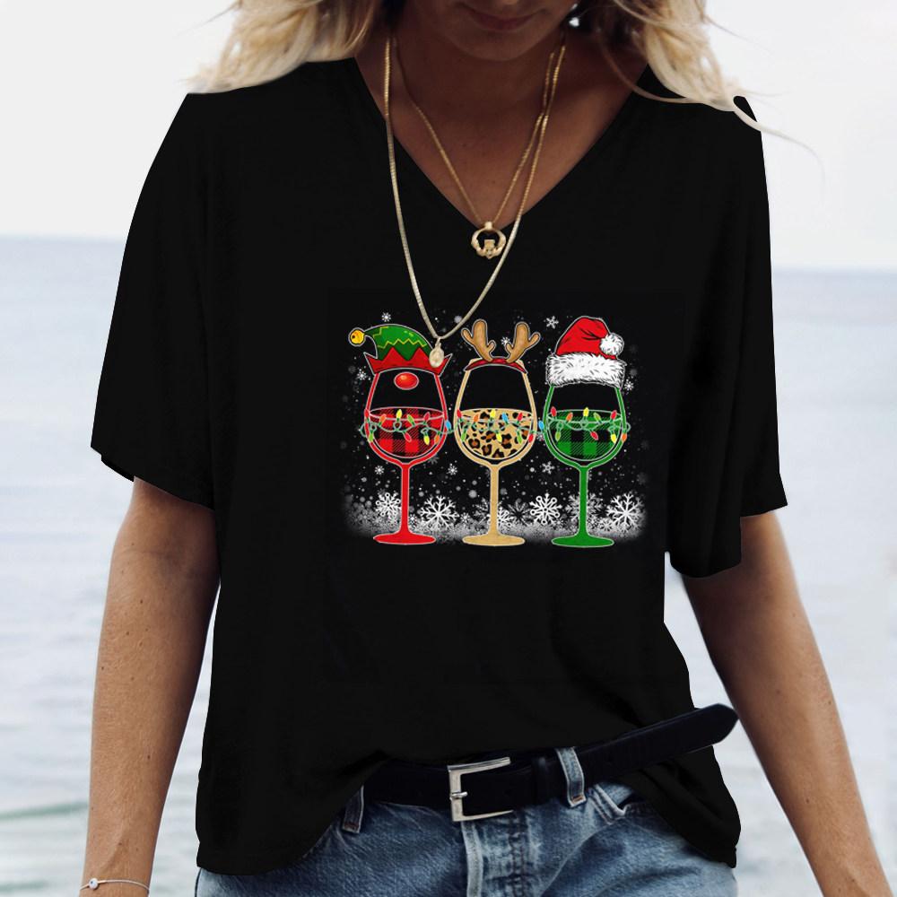 Christmas Wine Glass Pattern Print Women s V-Neck T-shirts Casual Short Sleeve Pullover T Shirt Fashion Tops Women Tees Clothing 4XL
