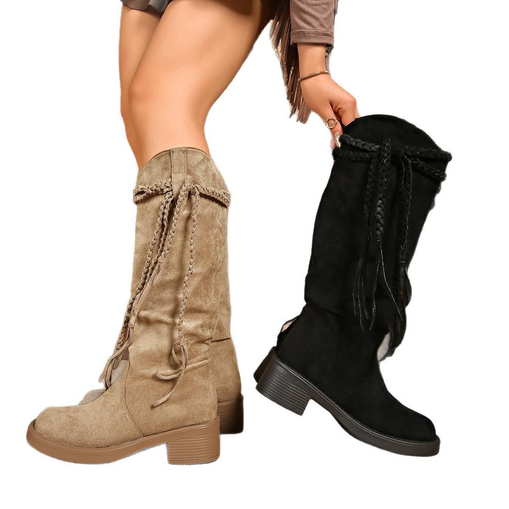 Boots Boots Women's Autumn and Winter New Knight Boots Egyptian Boots Tassel Coarse Heel Western Cowboy Boots Pile Boots