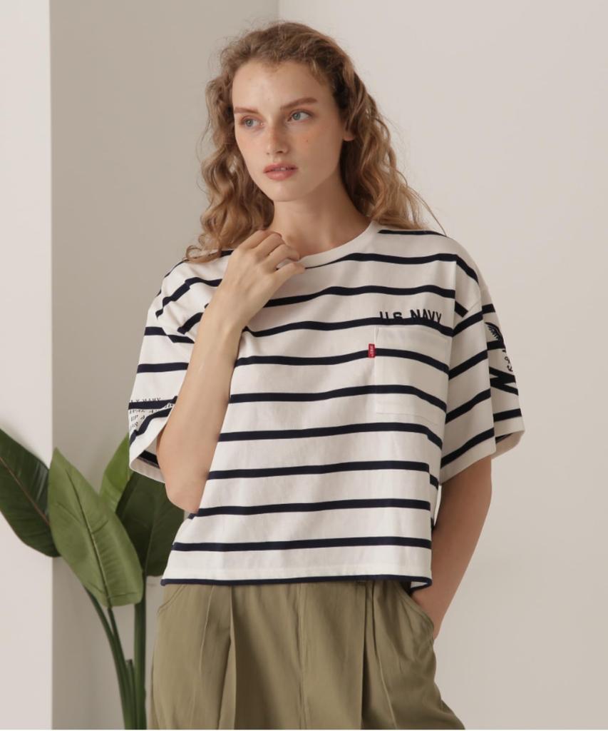 Avirex NAVAL POCKET SHORT Navy Size F Women's T-SHIRT, Striped, 122, 783-5935601