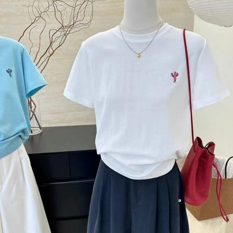 Women s Summer White Solid Color Cactus Patch Short Sleeve Tee M белый