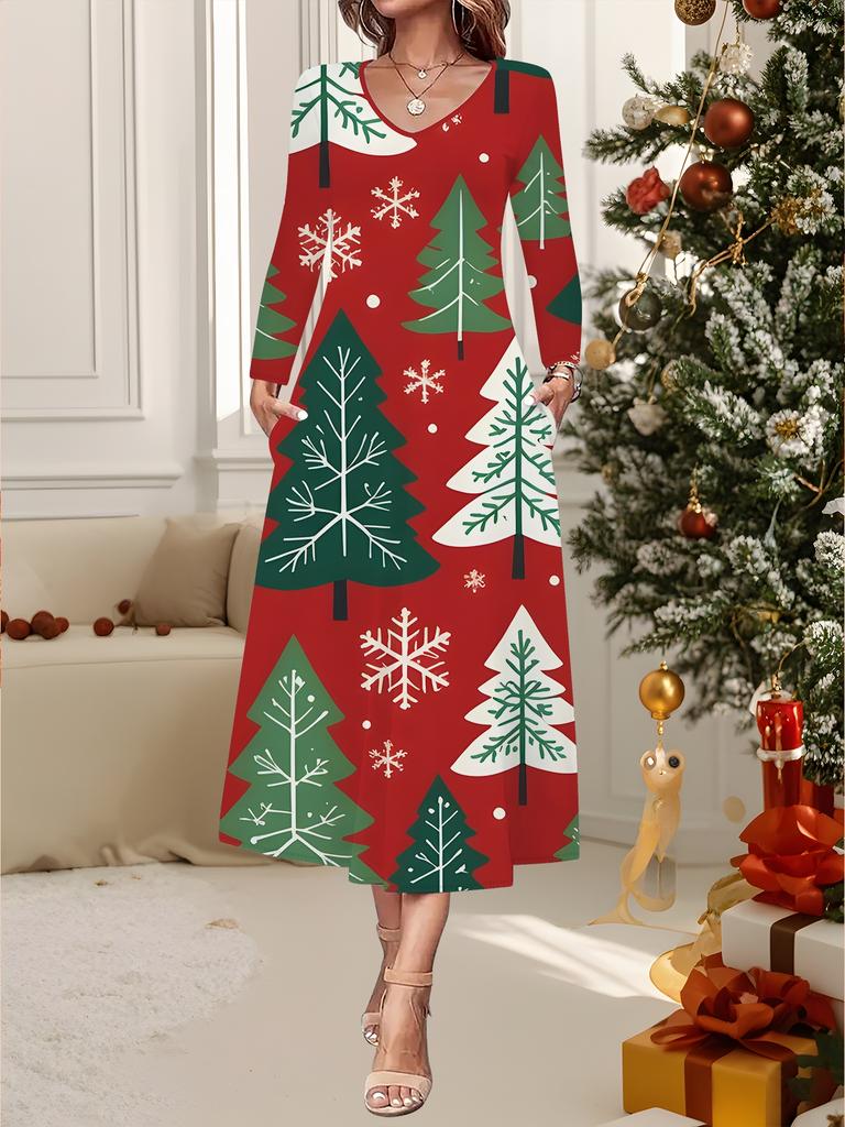 Nuovo Vestito Casual Moda Donna Autunno Inverno 2025 Stampa Fantasia Fiocco di Neve 3D Manica Lunga Scollo a V Linea ad A Vestiti Regalo di Natale