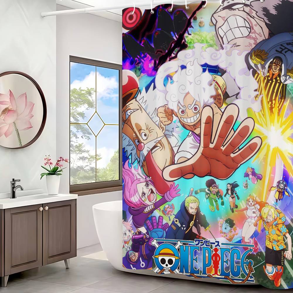 Anime O-ONE P-PIECE Shower Curtain Outdoor Scenery Summer Vacation Bathroom Decor Holiday Polyester Bath Curtain With Hooks