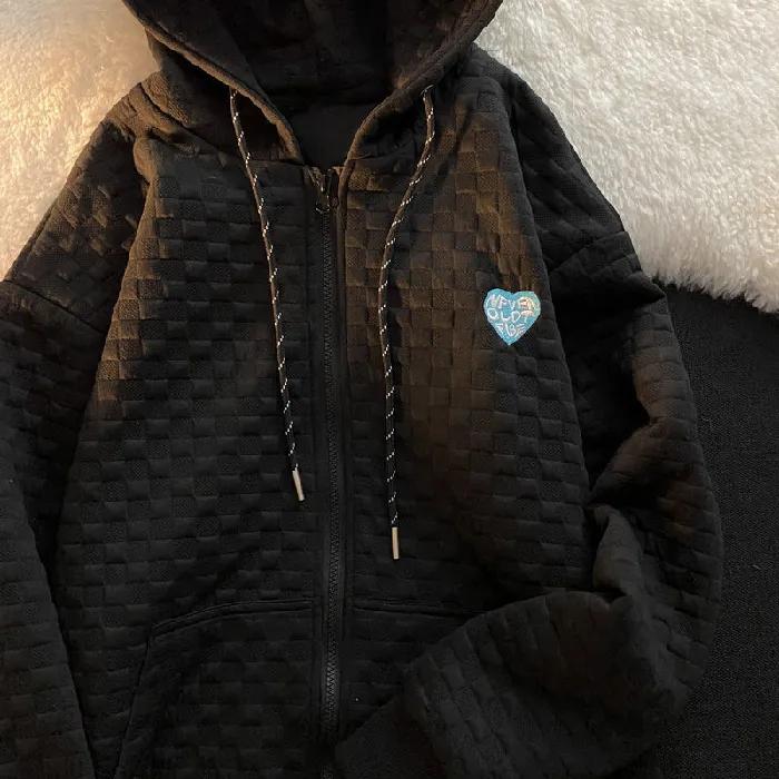 Women's Fall Design Waffle Hooded Jacket Lazy Preppy Style Zipper Top