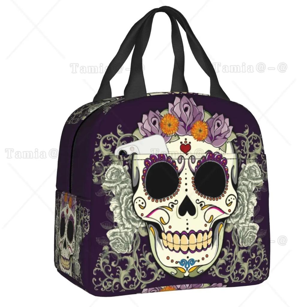 Day Of The Dead Kitten Cat Sugar Skull Lunch Box Multifunction Mexican Halloween Floral Thermal Cooler Food Insulated Lunch Bag