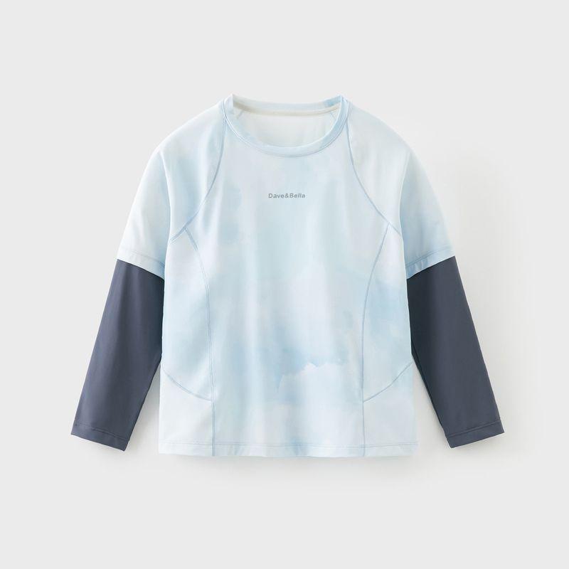 David Bella Medium and Large Children s Long-Sleeved T-Shirt 2026 Spring New Style Boys  Sun Protection Cool-Feeling Fake Two-Piece Sports Top Sea Blue [Ready in Stock] 110
