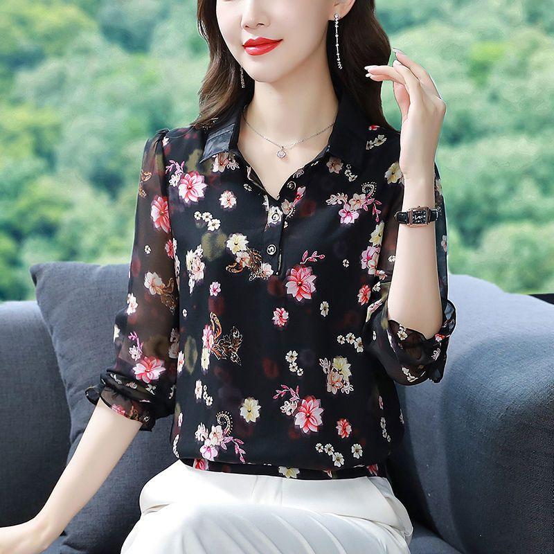 Spring and Summer Shirt Collar Printed Chiffon Blouse Loose Slim Women's Long Sleeve Floral Bottoming Top