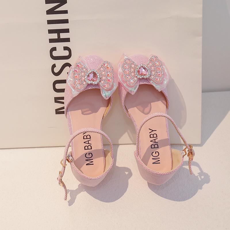 Children's Shoes Princess Shoes Fashion High Heel Bow Girls Crystal Shoes 2-15 Years Silver Hundred Kids Leather Shoes Sandals