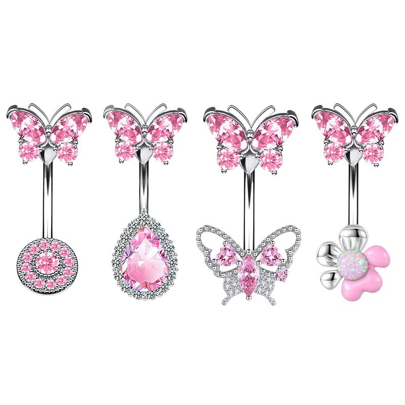 Exquisite Stainless Steel Pink Zircon Butterfly Navel Ring Sexy Body Jewelry For Women Girls Fashion Belly Button Rings Gifts