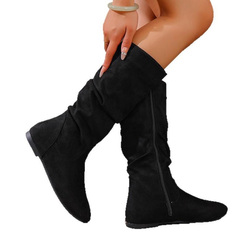 Women's Plus Size Mid-Calf Combat Boots with Side Zip and Slouchy Pleated Detail – Autumn Winter New Arrival Genuine Leather Ankle Boots