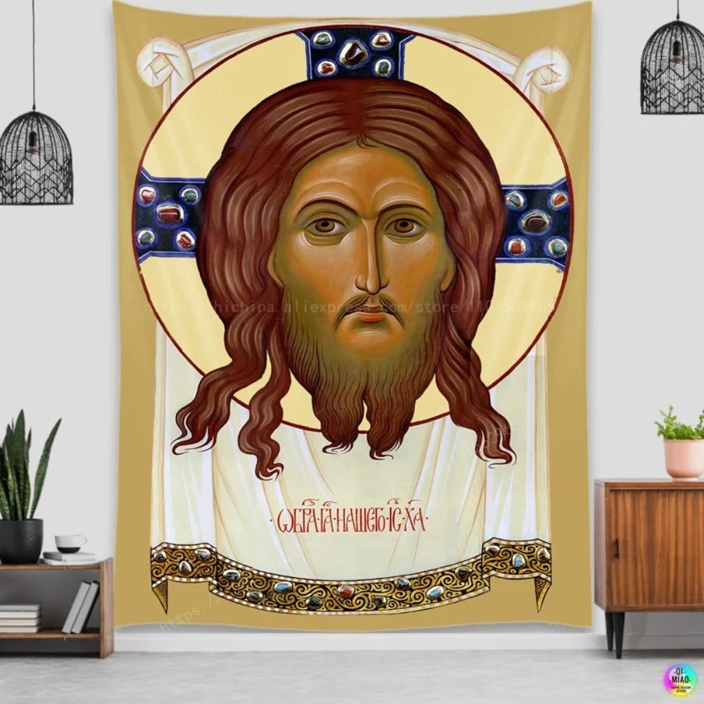 Orthodox Icon Jesus Tapestry 2D Flat Print Sacred Home Decor Living Room Wall Hanging Traditional Functional Spiritual Religious