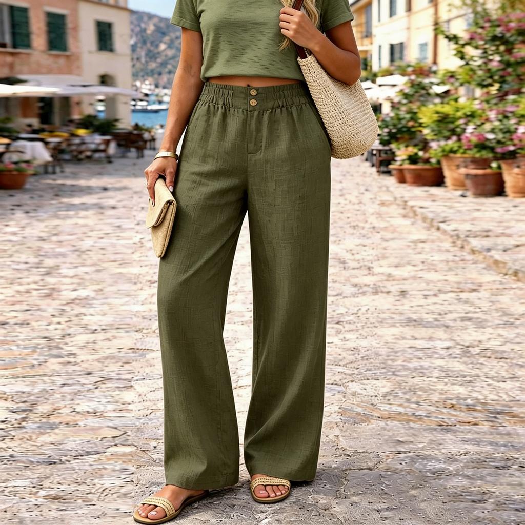 Women's Fashion Button Detail Straight Leg Casual Pants Elastic Waistband Lightweight Comfortable Wide Leg Trousers for Everyday Wear