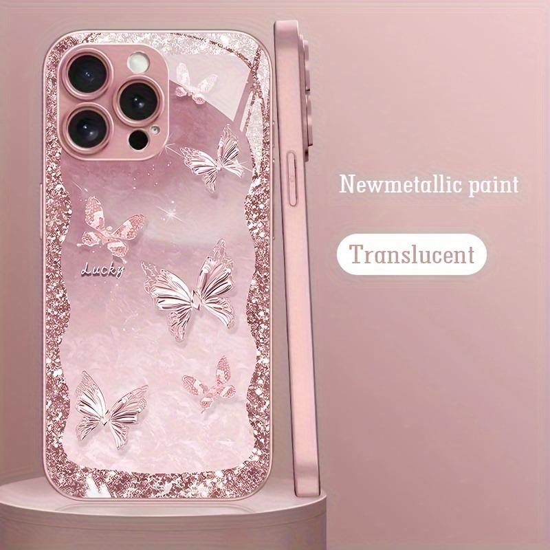 Glücksschmetterlingsmuster Rosa Metallic Gehärtetes Glas Handyhülle Für iPhone 17 16 15 14 13 12 11 Pro Max 15 Plus 17 Air 16E Hülle