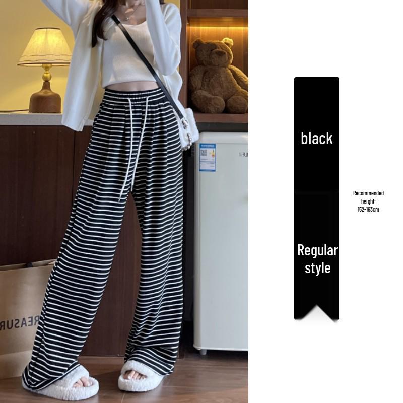 

2024 Женские брюки с высокой посадкой, в черно-белую полоску, с широкими штанинами - Весенне-осенние повседневные, свободного кроя Small