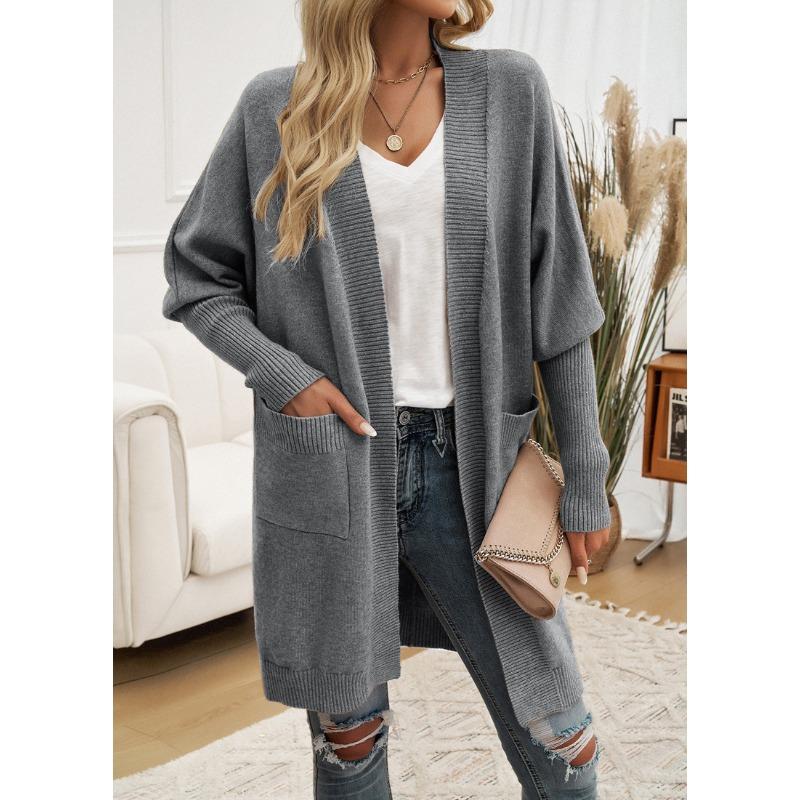 Women Bat Sleeve Cardigan Solid Color Knit Sweater Cardigan Coat