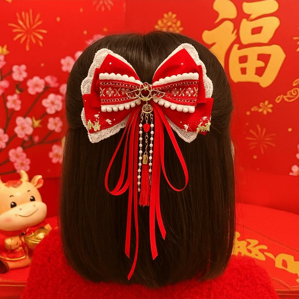 Flower Bow Ribbon Hair Clip Tassel Hanfu Hair Ornamen Cute New Year Hairpin  Girls