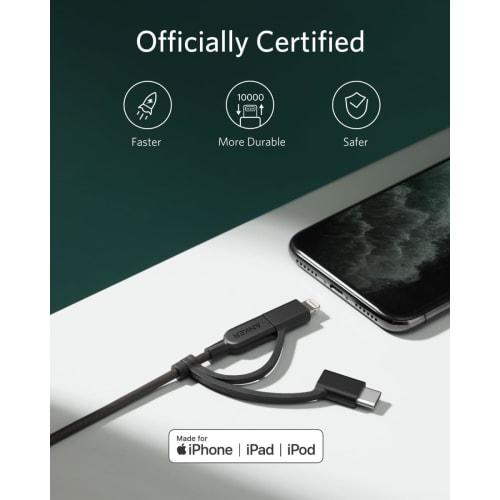 Anker PowerLine II 3-in-1 Kabel (Lightning-/USB-C-/Micro-USB-Anschluss) MFi-zertifiziert, iPhone-/Android-kompatibel (0,9 m Schwarz)