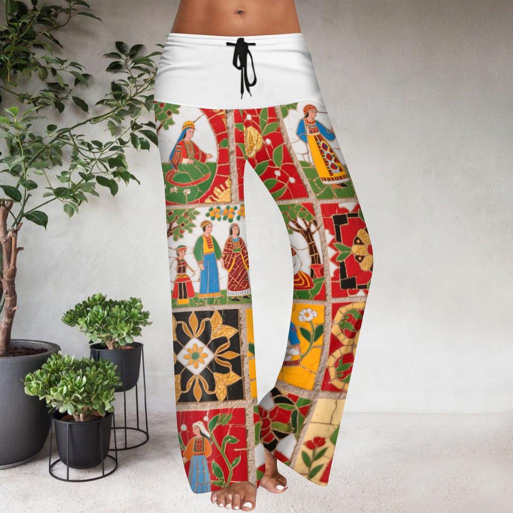 Women's Drawstring Elastic Waistband Wide Leg Color Matching Floral Printed Casual Pants