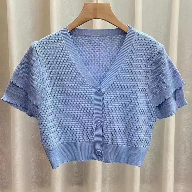 Модная Принцесса с коротким рукавом и тонким V-образным вырезом, кардиган, блузка с открытым пупком и высокой талией, короткий абзац, маленькая рубашка, вязаный свитер для женщин One Size синий