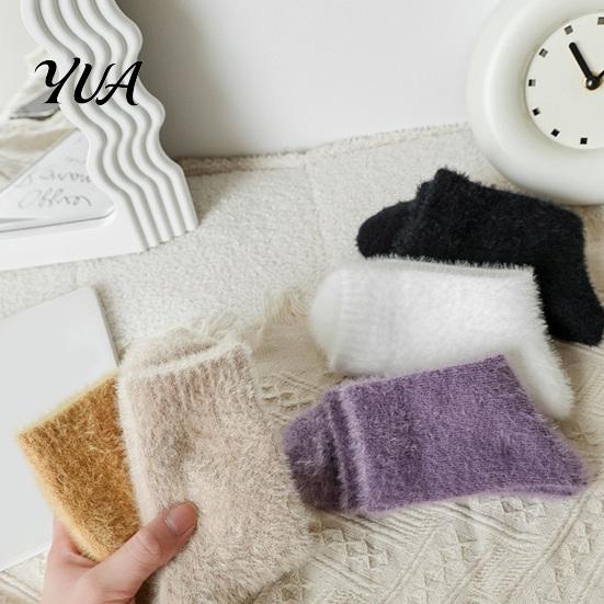 Non Slip Winter Hosiery Thickened Imitation Mink Velvet Socks for Women, Soft Plush Socks, Thermal Elastic Ribbed Ankle Warm Solid Color