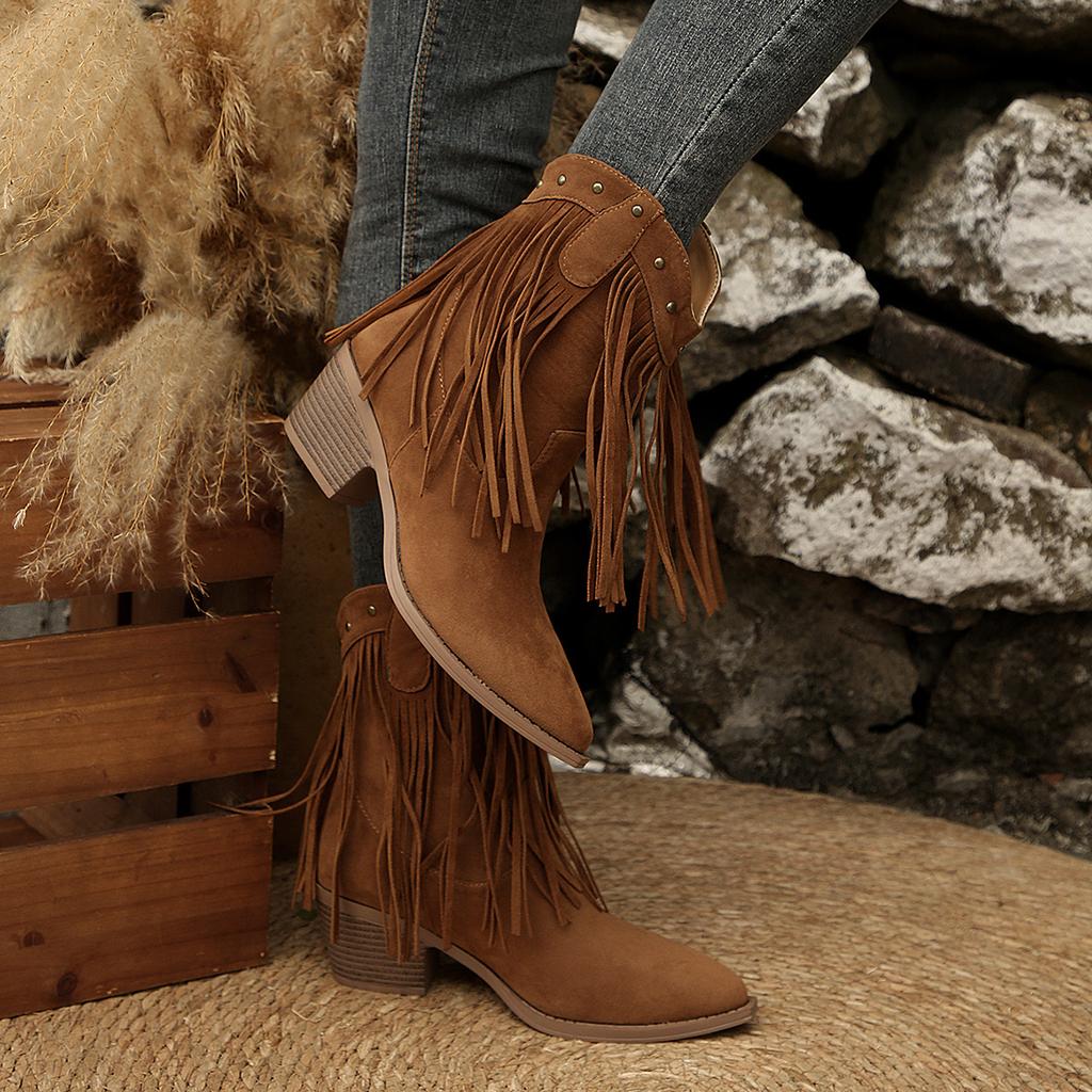 Mode 2025 Herbst Neu Retro Fransen Knöchel Geriebene Stiefel Runde Zehen Quadratische Absätze Seitlicher Reißverschluss Kurze Schuhe Damen Farbe Western Cowboy Stiefel