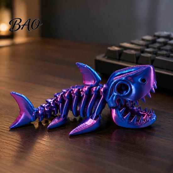 Unique Collectible Shark Figurine 3D Printed Articulated Skeleton Figurine, Pearlescent Flexible Joint Desktop Ornament for Kids Bone Toy, Fidget Desk