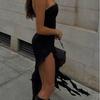 Sexy Strapless Off Shoulder Midi Dress Women Ruffles Split Beach Dress 2025 Summer Slim Fit Party Female Vestido