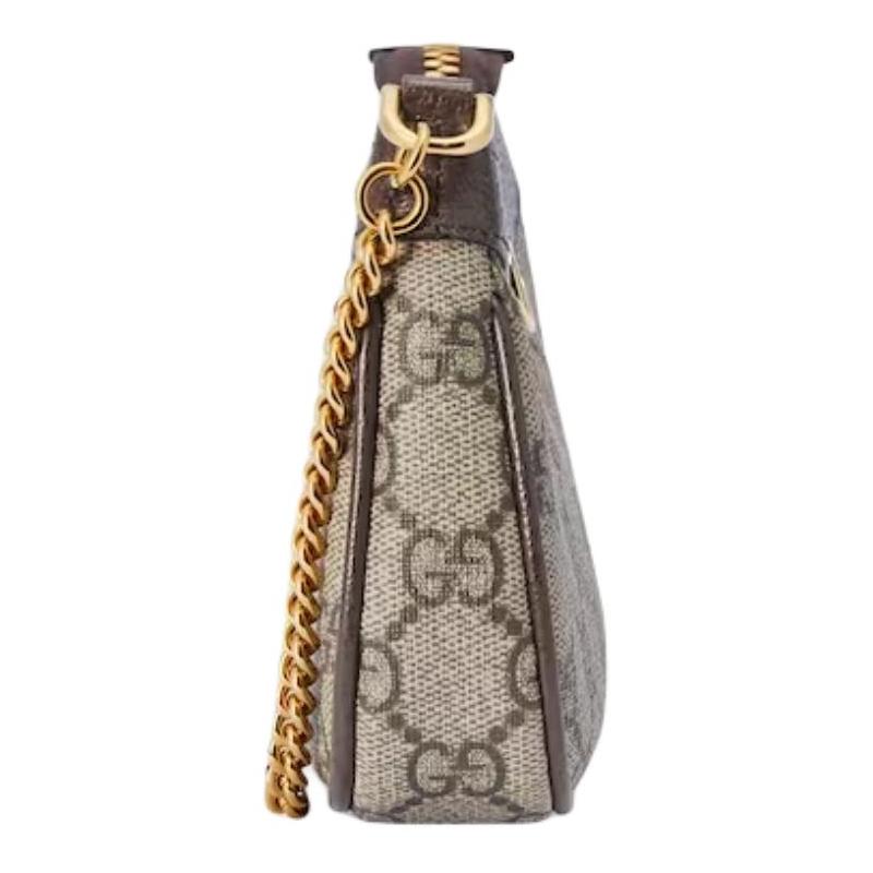 Gucci Ophidia Double G Gold Hardware Brown Leather Trim Handbag Mini Women's Beige and Ebony
