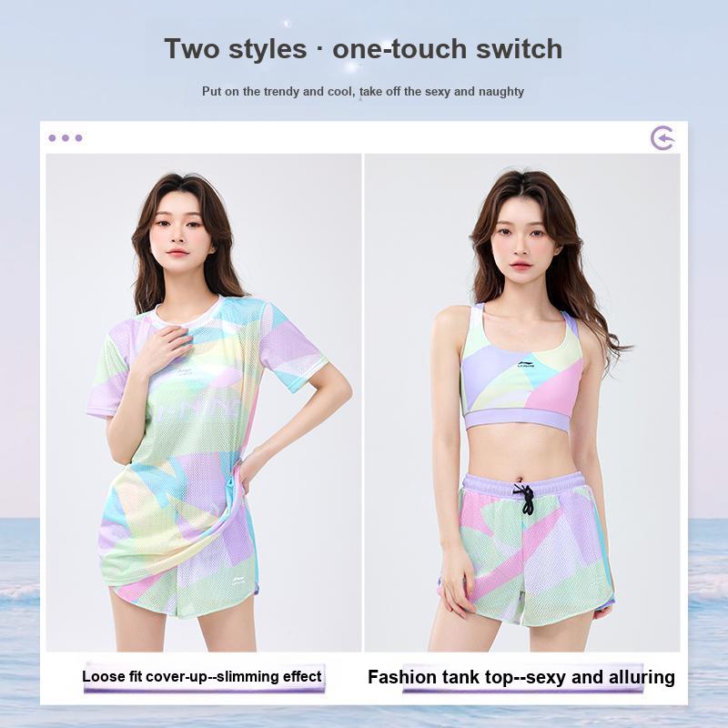 Li-Ning Fashionable Comfortable Simple UV Protection Outdoor Sports Two-Piece Swimsuit Women swimsuit Pink Floral LSYU040-3+LSYU041-1