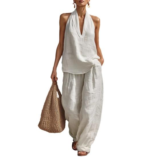 Completo in Cotone e Lino da Donna a 2 Pezzi con Top Canotta Senza Maniche con Scollo all'Americana e Pantaloni a Gamba Larga Set da Relax Abbigliamento Casual per le Vacanze
