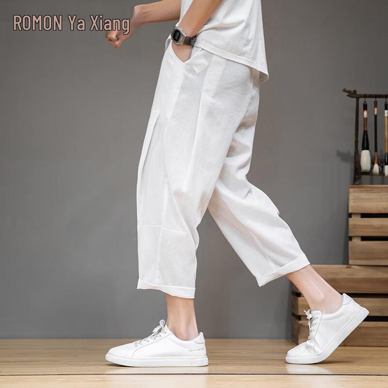 ROMON Men s Linen Blend Straight-Leg Cropped Casual Pants L