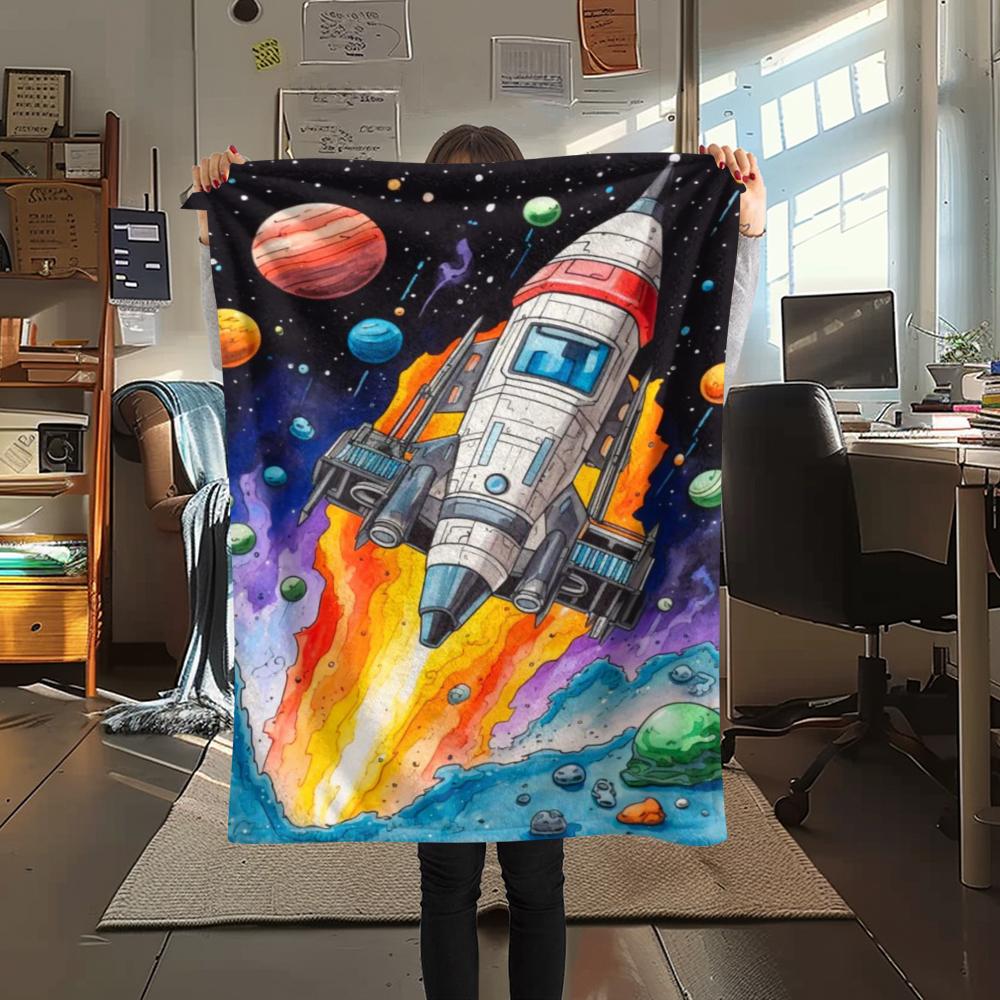 1Pc Space Rocket Print Flannel Blanket, High quality Comfortable for All Seasons, Home Decor, Warmth and Comfort, Perfect for Christmas Gifts
