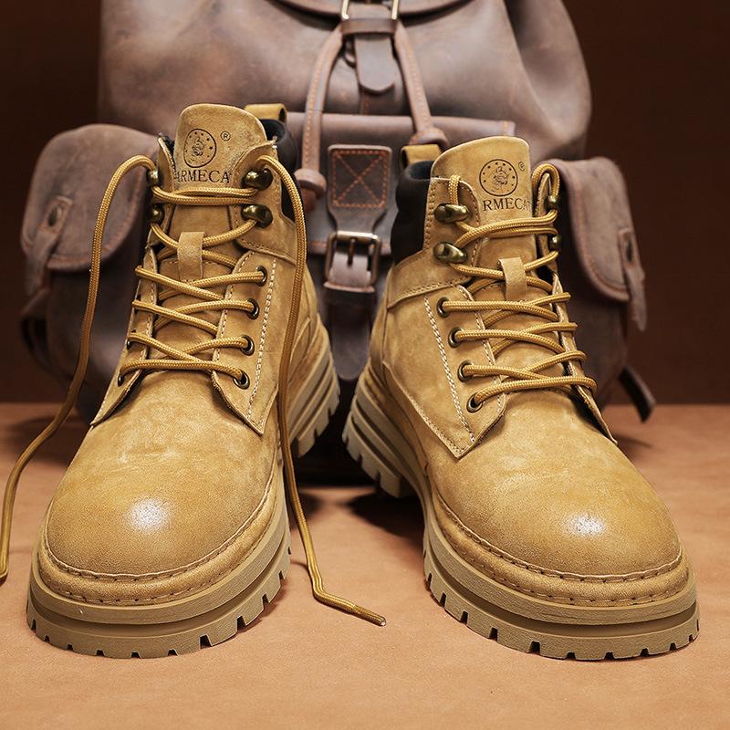 Putian Men's Genuine Leather Warm Fleece-Lined Martin Boots, Yellow British-Style Ankle Workwear Boots