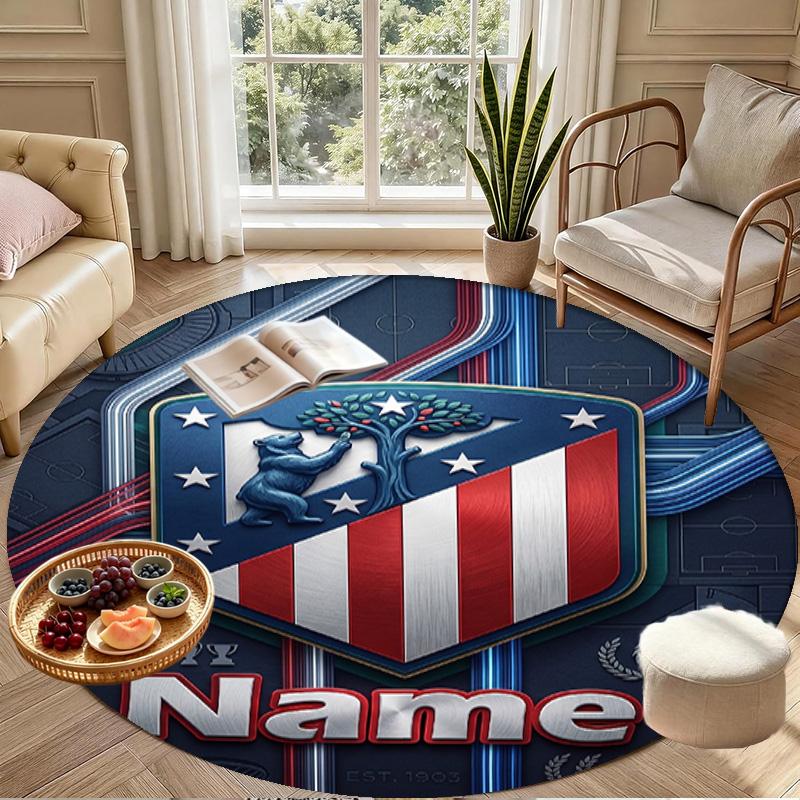 Tapis rond personnalisé avec nom imprimé Atletico Madrid, Tapis polyvalent pour la décoration de la maison, pour salle de jeux, appartement, balcon, entrée, couloir Cadeau