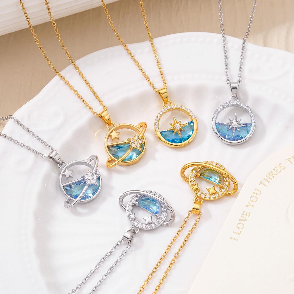 Locket-shaped Blue Planet Necklace Accessory for Women, Simple and Elegant Lockbone Chain Accessory for Women