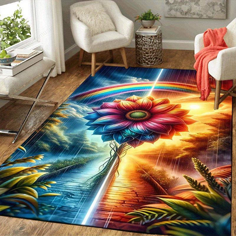 1pc Rainbows and Flowers Print Design Area Rug - Soft, Anti-Slip, and Durable Gaming Room Decor for Bedroom