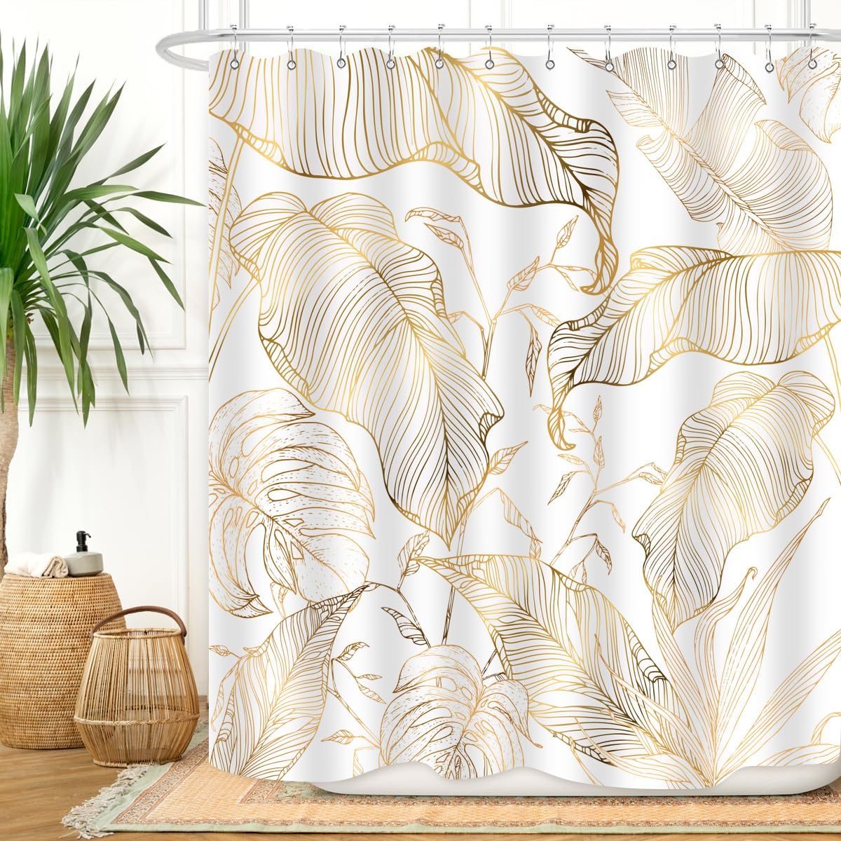 Green Gold Tropical Palm Leaves Shower Curtain Abstract Banana Modern Botanical Plant Nature Aesthetic Emerald Green Bathroom 90x180CM