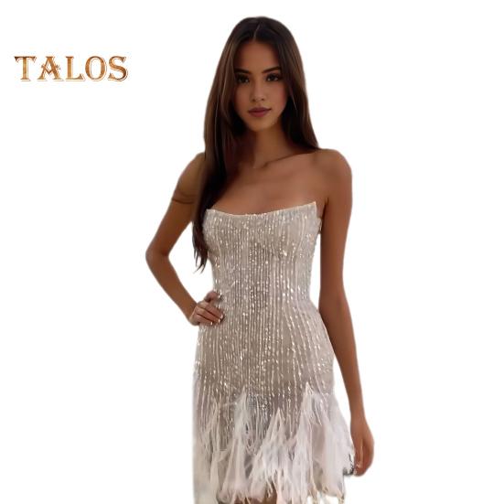 

Женское вечернее платье с пайетками, пушистым меховым декором, без рукавов, с открытыми плечами, облегающее, с открытой спиной, выпускное, банкетное, мини-платье, свадебное, платье невесты M белый