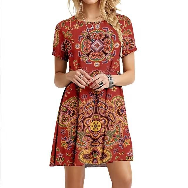 Elegant Short Sleeve 3D Print Dress Beach Summer Midi Dresses