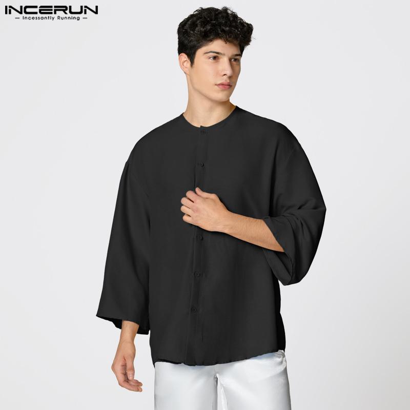 INCERUN S-XXXXXL Men Casual Loose 3/4 Sleeve Solid Color Long Tunic Tops Shirts