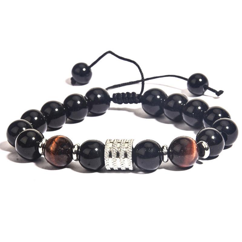 10MM Tiger Eye Stone Beaded Bracelets Hand Chains  Adjustable Black Obsidian Beads Stainless Steel Charm Bracelet for Men