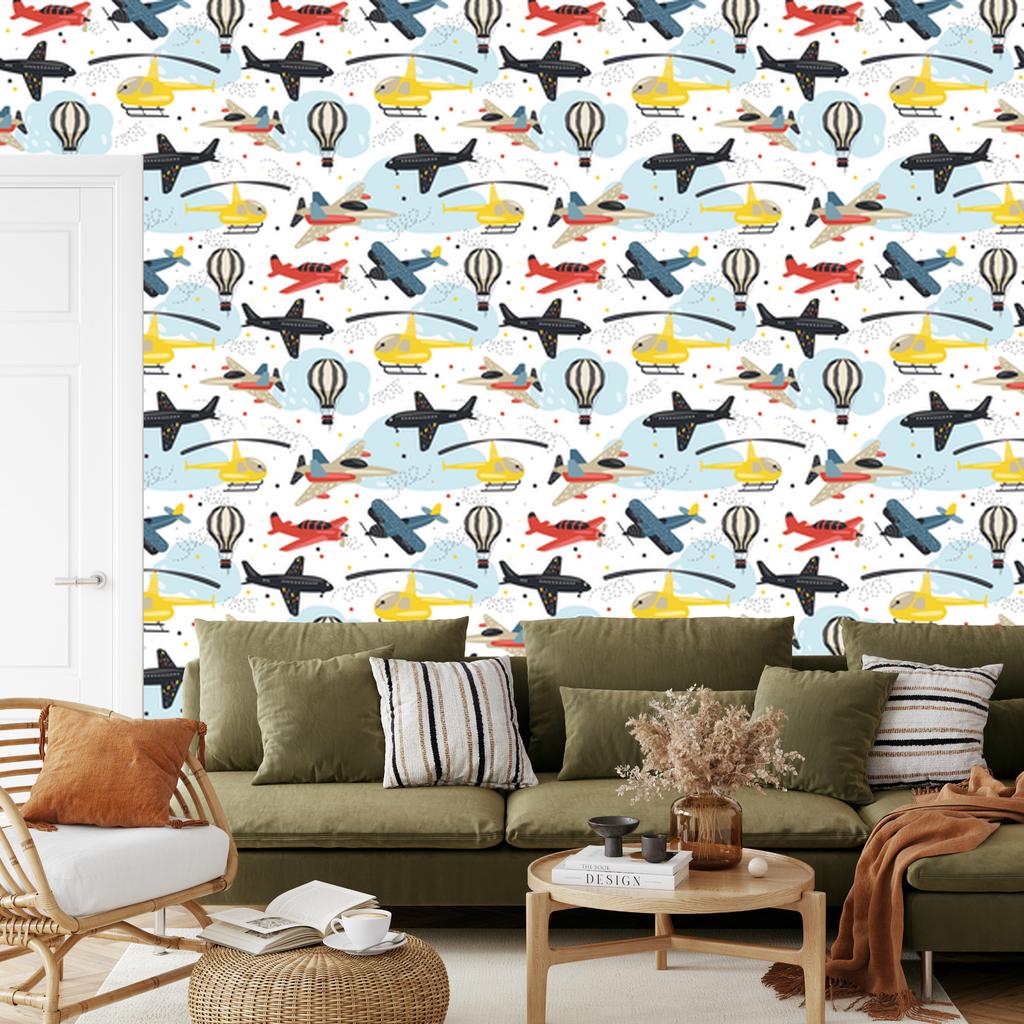 Wallpaper Planes, helicopters and balloons for living room and bedroom 50x1000