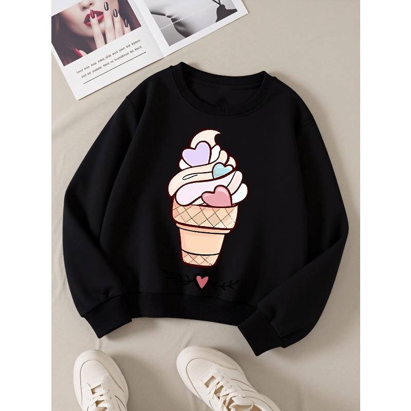 Kids Sweatshirt Crewneck Sweatshirt for Kids Featuring a Heart-Shaped Ice Cream Cone Design, Suitable for Machine Washing