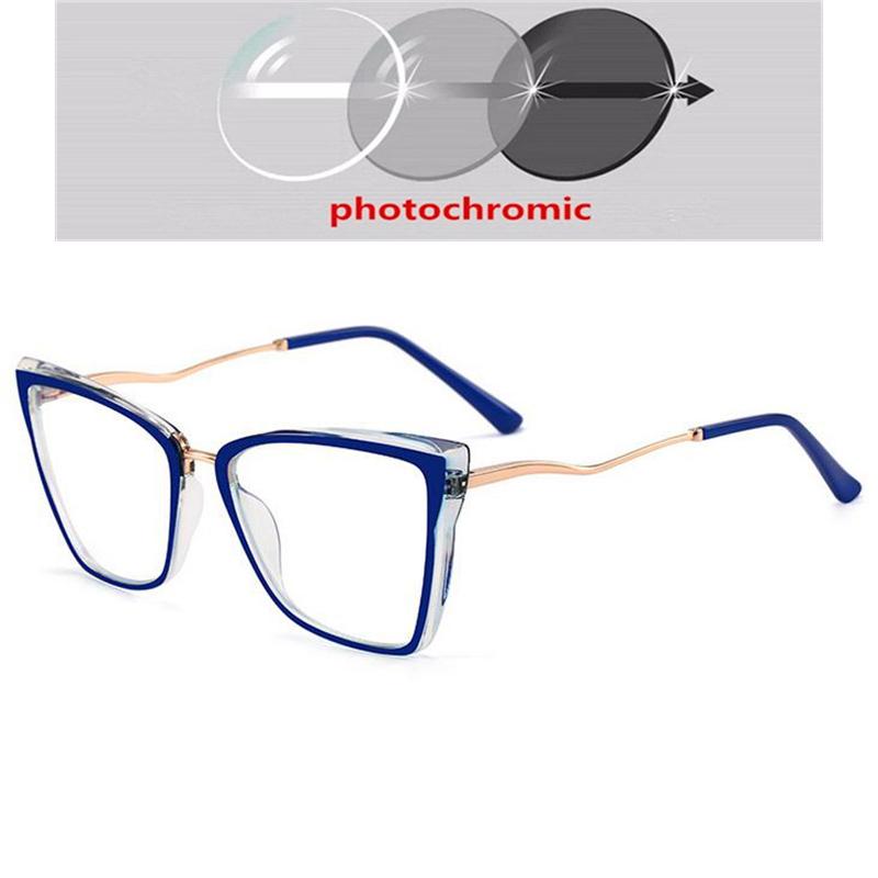 Women Men Anti-Blue Light Cat Eye Myopic Glasses +Metal Myopia Photochromic Prescription Eyeglasses 0 -0.5 -0.75 To -6.0