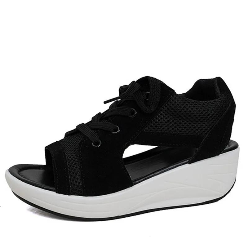 Comfy Platform Mesh Shoes Woman Summer Open Toe Cut Out Net Sneakers Ladies Casual Thick Sole Lace Up Sport Sandals Plus Size