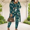 Women Plus Size Teal Floral Printed 3 Piece Set Long Sleeve Open Front Cardigan Crop Top Long Pants